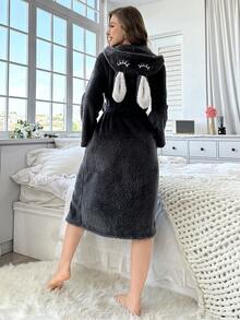 Women's Winter Long Sleeve Cartoon Hooded Belted Warm Fleece Thickened Cute Loungewear Robe - Dark Grey - View 2