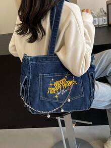 New Fashion Classic Versatile Casual Letter Pattern Decor Design, Embroidery Craft, Large Capacity Shoulder Bag Metal Chain Decor Handbag, Distressed Washed Fabric Women's Backpack, Suitable For Campus Use, Also Suitable For Commuting. - Blue - View 3