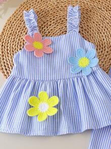 2pcs Baby Girls Cute Colorful Floral Decor Spaghetti Strap Ruffle Hem Top And Matching Elastic Waist Wide Leg Pants Set, Summer - Blue and White - View 3