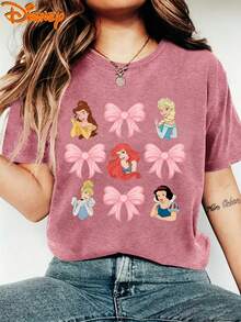 Disney Princesses Belle Ariel Elsa Cinderella Snow White Pink Bow Collage Graphic T-Shirt, Women's Cute Girly Coquette Disney Vacation Casual Tee - Hot Pink - View 1