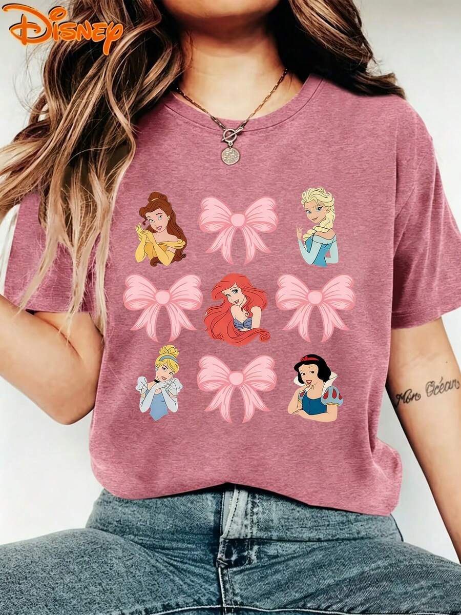 Disney Princesses Belle Ariel Elsa Cinderella Snow White Pink Bow Collage Graphic T-Shirt, Women's Cute Girly Coquette Disney Vacation Casual Tee - Hot Pink - View 1