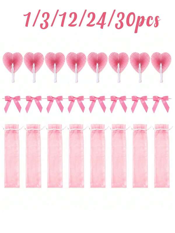 1/3/12/24/30pcs Women's Pink Heart-Shaped Folding Fans, Paper Fan Surface With Plastic Handle, Suitable For Weddings, Parties, Corporate Gifts, Fashion Accessories, Durable Plastic Handle, Ideal As Party Favors And Gifts