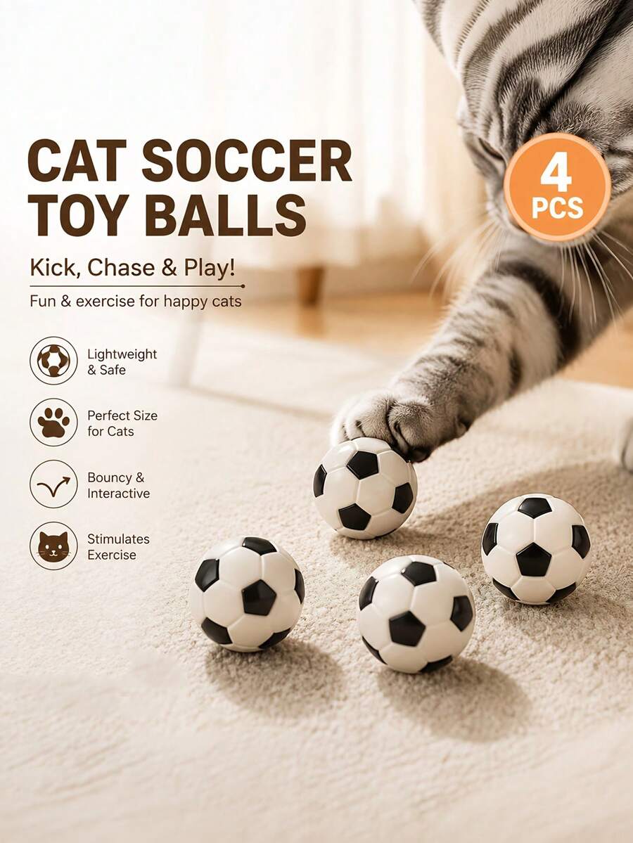 4pcs Cat Soccer Toys - Interactive Rolling Balls, Suitable For Kittens And Adult Cats, Lightweight And Durable, Indoor Entertainment, No Battery Required - Black and White - View 1