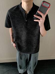 1件男士T恤，成熟風格男士亨利領短袖T恤，簡約條紋上衣，親膚透氣垂墜塑形面料，夏季百搭休閒男裝，簡約風格日常通勤短袖 - 黑色 - 查看 8