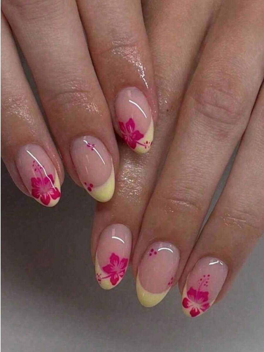 24pcs Short Oval Press-On Nails, French Short Nails, Floral Line Art Design, Glossy Full Coverage, Suitable For Women And Girls, Y2K Style Fake Nails, Gift For Her - Multicolor - View 1