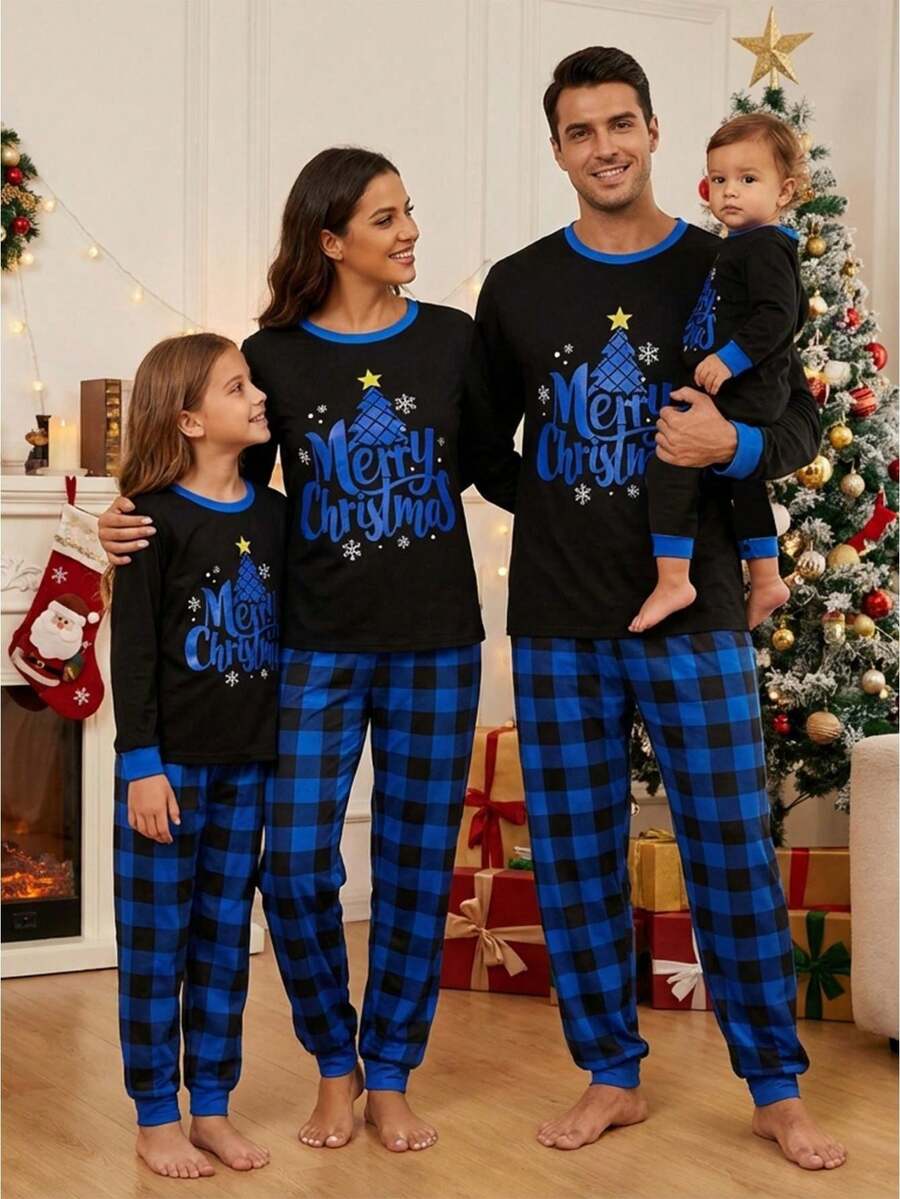 Family Matching Christmas Pajamas Star Print Top Plaid Pants Xmas Loungewear Sleepwear Matching Christmas Pajamas For Men Women - Pets - 查看 1