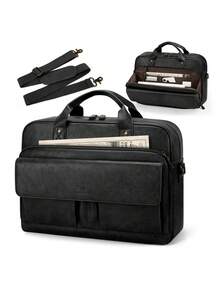 Men Laptop Bag PU Leather 15.6 Inch Briefcase Vintage Computer Satchel Shoulder Bag Work Business Office Black Document Organizer Padded Sleeve - Multicolor - View 11