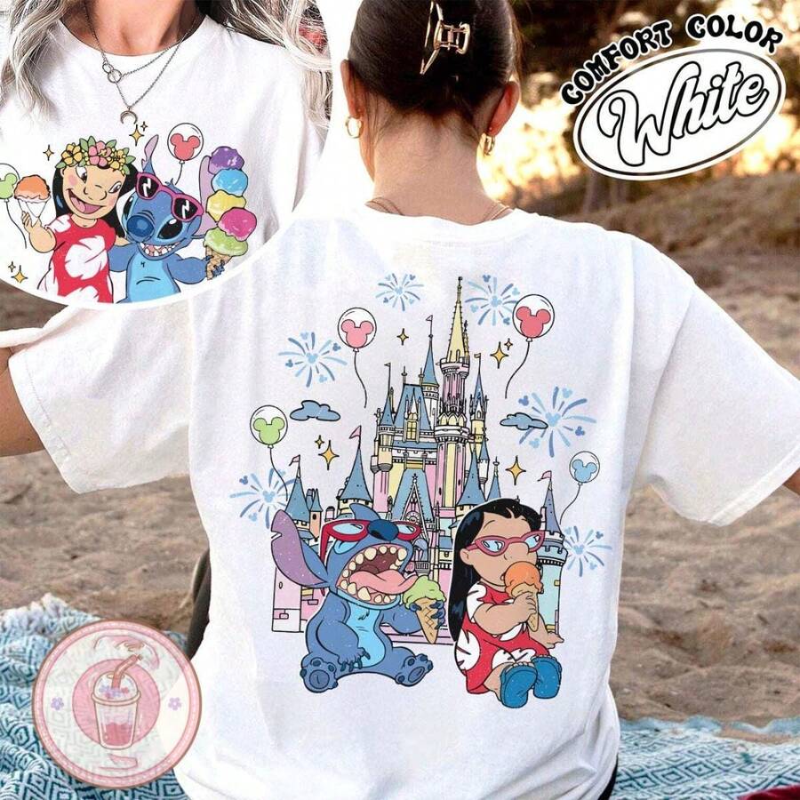 Disney Ladies Oversized T-Shirt Two-Sided Lilo & Stitch Shirt, Disney Castle Magic Kingdom Stitch Shirt, Cute Stitch Lilo Disney Suitable For Gifts - 白色 - 查看 1