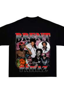 Brent.Fayaz Rap T T-Shirt Design| Men's Black Simple Round-Neck Top,Various Sizes,Casual Style,Short Sleeve,Micro-Elastic Fabric - 黑色 - 查看 1