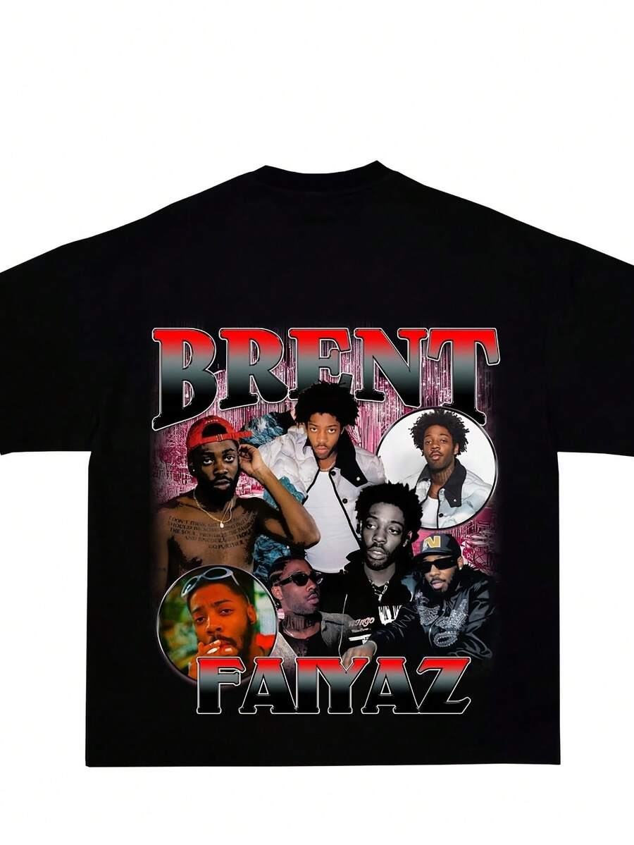 Brent.Fayaz Rap T T-Shirt Design| Men's Black Simple Round-Neck Top,Various Sizes,Casual Style,Short Sleeve,Micro-Elastic Fabric - 黑色 - 查看 1