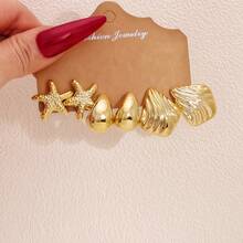 1 Set 9 Pairs/3 Pairs Summer Beach Gold Earring Set, Coastal Starfish Shell Conch Flower Thick Hoop Earrings, Y2K Vacation Style Girls Personalized Accessories - Yellow Gold - View 10