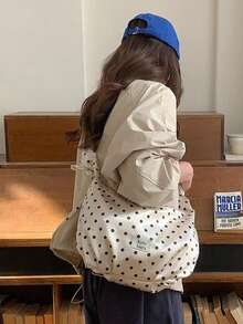 開學季韓系Ins小眾設計極簡百搭大學生女款單肩包藝術感購物袋圓點慵懶學生上課布包通勤出遊日常購物百褶抽繩肩背托特包 - 香檳色 - 查看 4