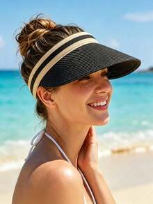 1pc Women's Straw Beach Sun Hat, Lightweight & Breathable, Suitable For Summer, Wide Brim Hat, For Beach Vacation, No Top Hat - Multicolor - View 12