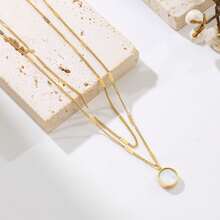 1pc European And American French Luxury Style Round White Mother Of Pearl Double Layer Necklace Layered Collarbone Chain Suitable For Daily Wear, Gift - Gold - View 2