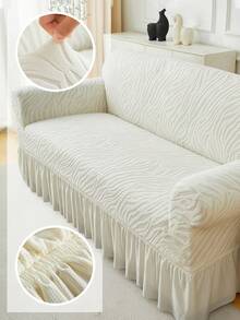 1pc Plush Jacquard Ruffled Elastic Sofa Cover, Dust-Proof And Dirt-Resistant, Stretch-To-Fit Full Coverage Sofa Protector, Home Decor, Machine Washable, Pillow Cover Not Included - White - View 10