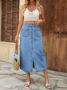 Women Denim Skirts - Medium Wash Blue - View 1