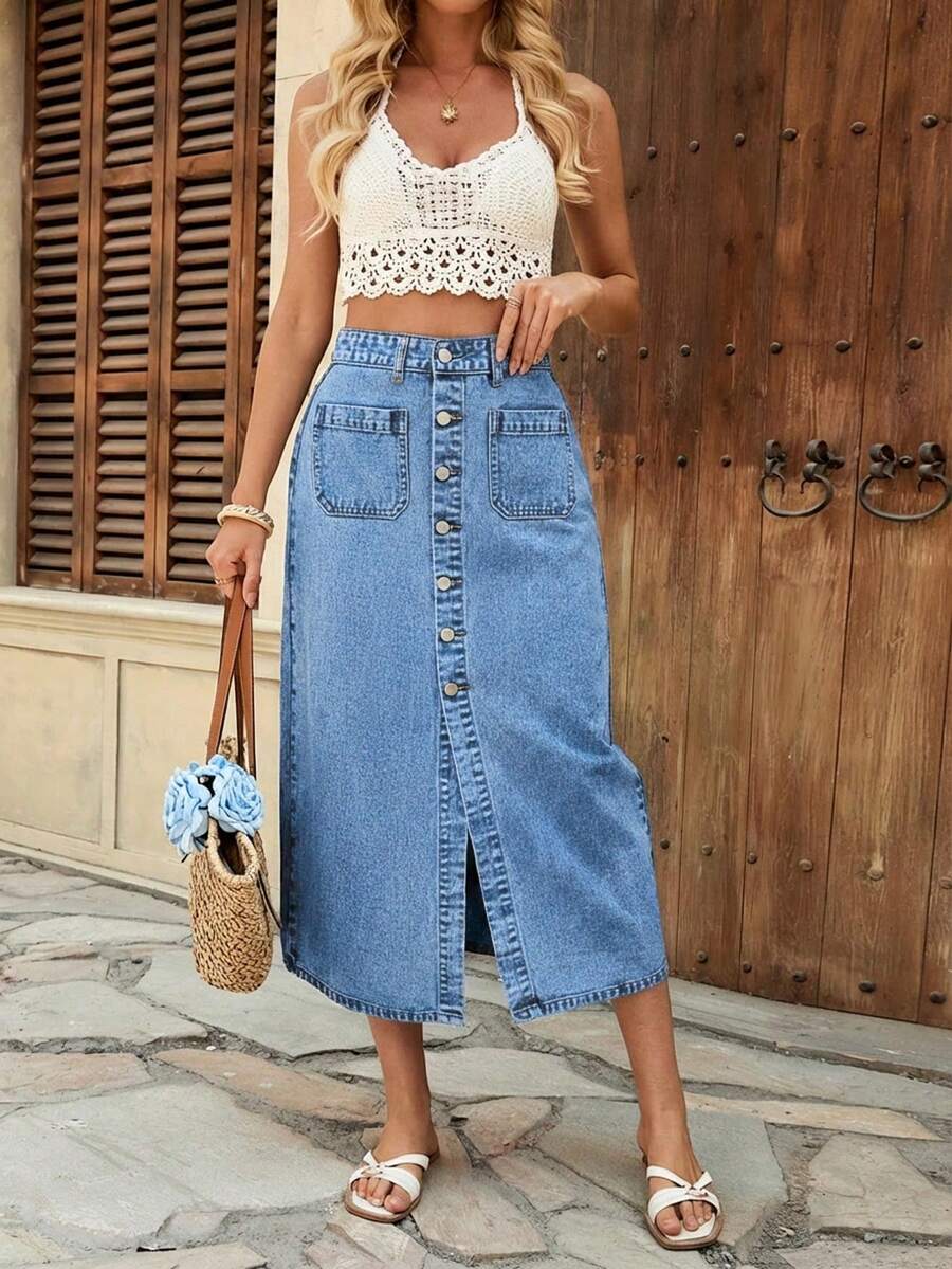Women Denim Skirts - Medium Wash Blue - View 1