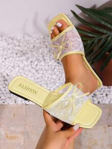 planare Nuevas sandalias planas de mujer de moda de verano elegantes con encaje, malla, lazo decorativo, punta cuadrada y abierta, color amarillo, sandalias de vacaciones para mujer, pantuflas para mujer, chanclas para mujer, sandalias amarillas para mujer, sandalias de playa, sandalias para mujer, sandalias de playa para mujer - Amarillo - Ver 4