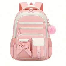 1pc Bowknot Women's Backpack With Pom Pom Charm, Large Capacity Multi-Compartment Design, Highly Attractive College Style Backpack, 15.6 Inch Laptop Backpack, With Luggage Strap For Easy Travel - Single Package - View 11