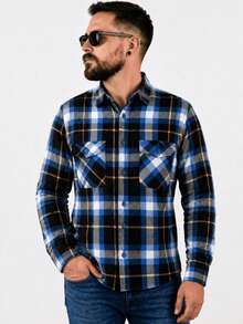 Men's Long-Sleeved Flannel Plaid Shirt - 藍色 - 查看 1