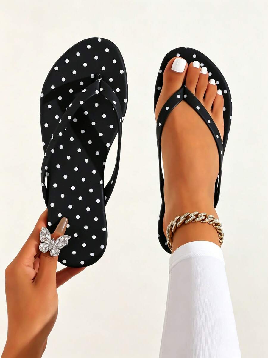 Women's Flip Flops, Black & White Polka Dot Summer Sandals, Women's Flat Sandals, Casual Resort Fashion Black Slippers, Outdoor Resort Thong Sandals, Toe Post Beach Sandals, Women Slippers - Black - View 1