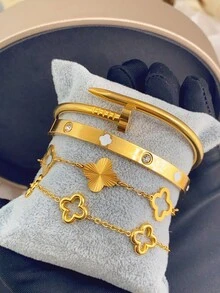 4件/1件裝 奢華不鏽鋼鑲鑽四葉草與星星手鍊套組，復古優雅女款飾品，適合日常配戴、禮物、派對、時尚聖誕禮物 - 金色 - 查看 12