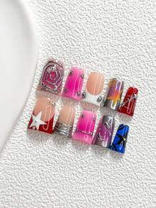 10pcs Avant-Garde Fashion Handmade Press-On Nails, Polygel Nail Art Set, Color Block Design With Lines And Star Elements, Red, Pink, Blue And Silver Nail Polish, Casual Style, Includes Nail Tools, 3 Sizes Available, Almond, Duck, Coffin Shape, Suitable For Party, Dancing, Daily Wear - 彩色 - 查看 2