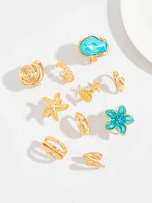 6件組波希米亞風海洋元素海星水滴設計戒指，復古創意精緻時尚花朵戒指，極簡粗金屬金色戒指，夏季海灘度假裝飾首飾，適合女性日常佩戴 - 6件戒指套裝 - 查看 12