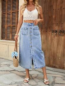Women Denim Skirts - Light Wash - View 1