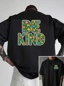Camiseta de hombre con hombros caídos, BE KIND, con un estampado de cara amigable, camiseta de corte holgado para hombre, ropa de hombre de estilo moderno y actual, un imprescindible para lo - Negro - Ver 1