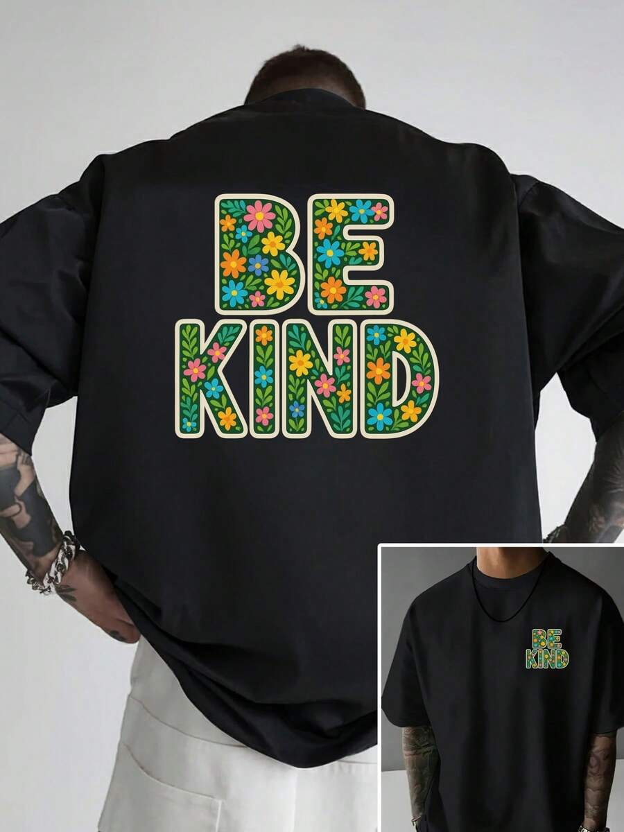 Camiseta de hombre con hombros caídos, BE KIND, con un estampado de cara amigable, camiseta de corte holgado para hombre, ropa de hombre de estilo moderno y actual, un imprescindible para lo - Negro - Ver 1