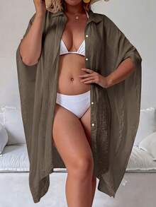 Baju Penutup Liburan Panjang Semi-Transparan Ukuran Besar, Dengan Kerah dan Lengan Sepanjang Pergelangan Tangan. Musim Panas Pantai - Coffee Brown - View 5