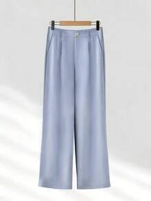 Women's Spring/Summer Light Commute Pleated Design 3/4 Sleeve Loose Single-Breasted One-Button Blazer With Real Pockets And Long Pants Set - Dusty Blue - View 5