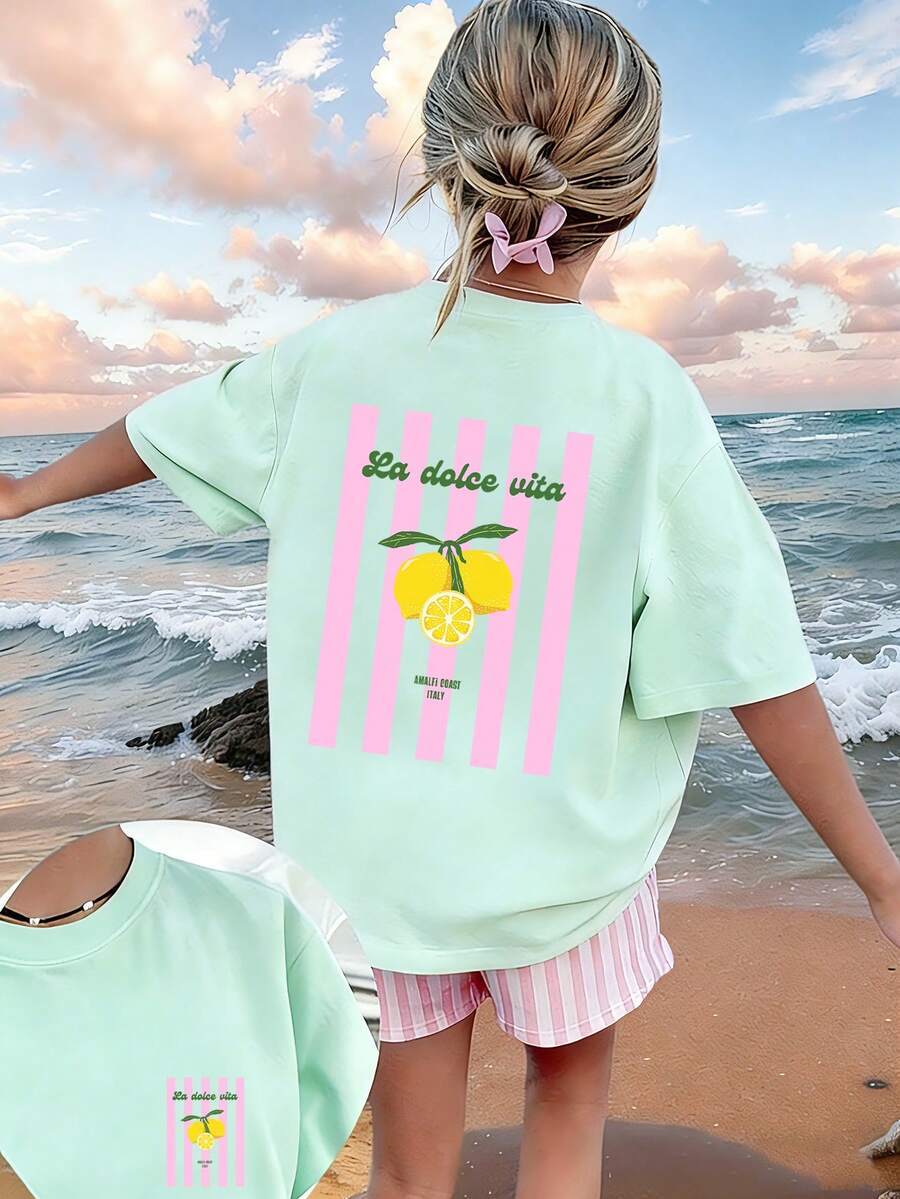 Kaos Pullover Lengan Pendek Leher Bulat Motif Grafis Lucu Kasual untuk Anak Perempuan Remaja Musim Panas - Mint Green - View 1