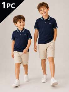 Boys' Deep Blue Embroidered Short Sleeve Polo Shirt, Contrast Striped Collar And Cuffs, Preppy Style Top, Suitable For Back To School, Vacation And Daily Wear - Royal Blue - View 3