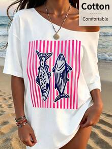 Short-Sleeved, Round-Neck Top, Local Urban Fashion For Spring/Summer. Women's Blouses, Women's T-Shirts. 180g (S-XXXL) Women's Loose-Fitting Striped Vacation-Style T-Shirt. - 白色 2 - 查看 1