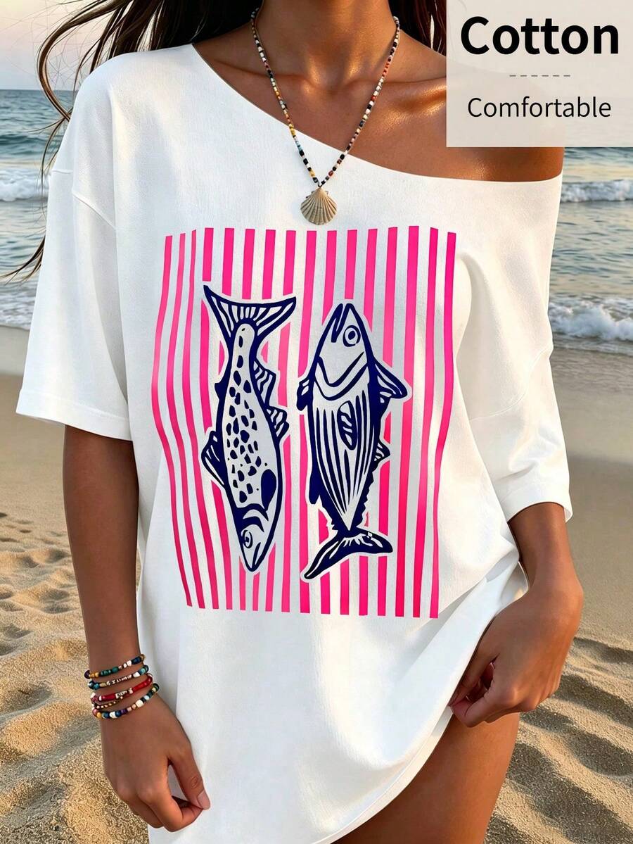 Short-Sleeved, Round-Neck Top, Local Urban Fashion For Spring/Summer. Women's Blouses, Women's T-Shirts. 180g (S-XXXL) Women's Loose-Fitting Striped Vacation-Style T-Shirt. - 白色 2 - 查看 1