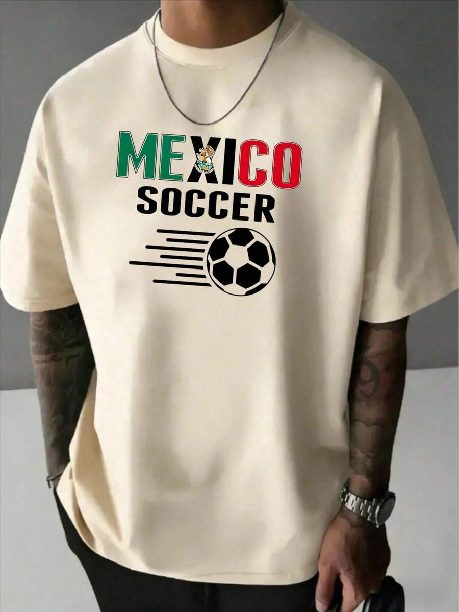 Mexico Soccer University Style T-Shirt, Classic Design With Letters And Tricolor Ball, Casual Garment For Fans Of The Mexican National Sport, 2026 Season - 杏色 - 查看 1