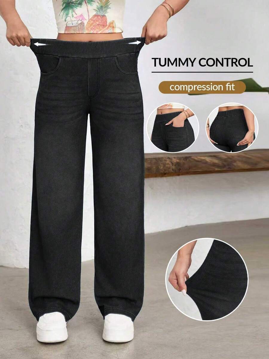 Women's Wide-Leg Jeans, Casual Sporty Style, With Elastic Waistband - Dark Grey - View 1