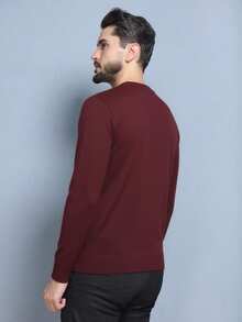 Men's Plain Wool Knit Sweater With Round Neck And Long Sleeves For Winter - Burgundy - View 6