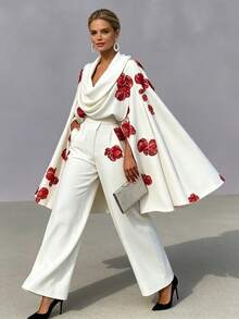 Elegant Women's White Two-Piece Outfit With Red Floral Details, Cowl Neck Batwing Sleeve Top & Regular Length Pants, Sexy Fall Women Clothes Style - 白色 - 查看 3