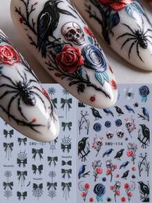 2 feuilles d'autocollants pour ongles gothiques d'Halloween, corbeau en relief 5D, crâne, rose, toile d'araignée & nœud, décalcomanies d'art pour ongles, décoration de manucure DIY pour femmes & filles - Noir - Voir 1