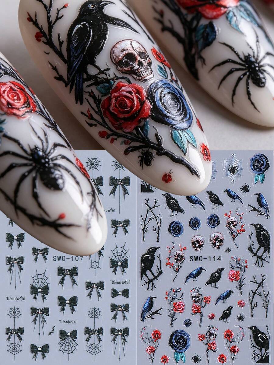 2 feuilles d'autocollants pour ongles gothiques d'Halloween, corbeau en relief 5D, crâne, rose, toile d'araignée & nœud, décalcomanies d'art pour ongles, décoration de manucure DIY pour femmes & filles - Noir - Voir 1