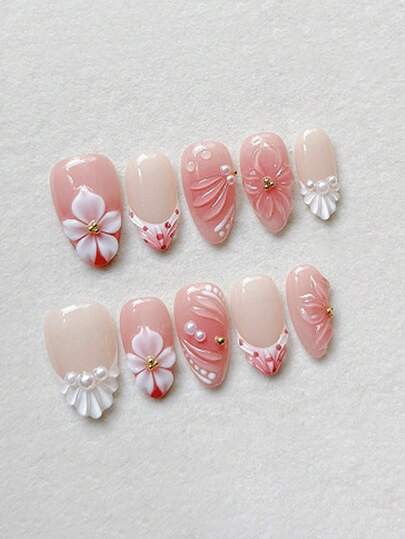 10 miếng móng tay giả acrylic dán sẵn hình hạnh nhân vừa, màu hồng gradient, thiết kế hoa 3D & vỏ sò trang trí ngọc trai & hạt vàng, bóng, phủ toàn bộ, phong cách cô dâu nàng tiên ngọt ngào cho nữ và bé gái đeo hàng ngày