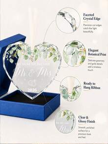 Gift Box Transparent Crystal Glass Ornament, Mr&Mrs Wedding Keepsake Pendant, Newlywed Couple Christmas Tree Hanging Decor, Valentine's Day Gift, Bridal Shower Party Favor, Anniversary And Mother's Day Newlywed Couple Gift - Heart-shaped Pendant Set - View 3