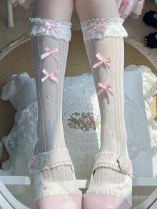 1 Pair Girls Spring/Summer Thin Lace Trim Multi-Bow Lolita JK Sweet Fishnet Socks - Multicolor - View 10