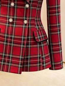 Women's Autumn/Winter Office Daily Holiday Color-Block Christmas Plaid Design Contrast Trim Fitted Double-Breasted Long Sleeve Blazer - Red - View 6