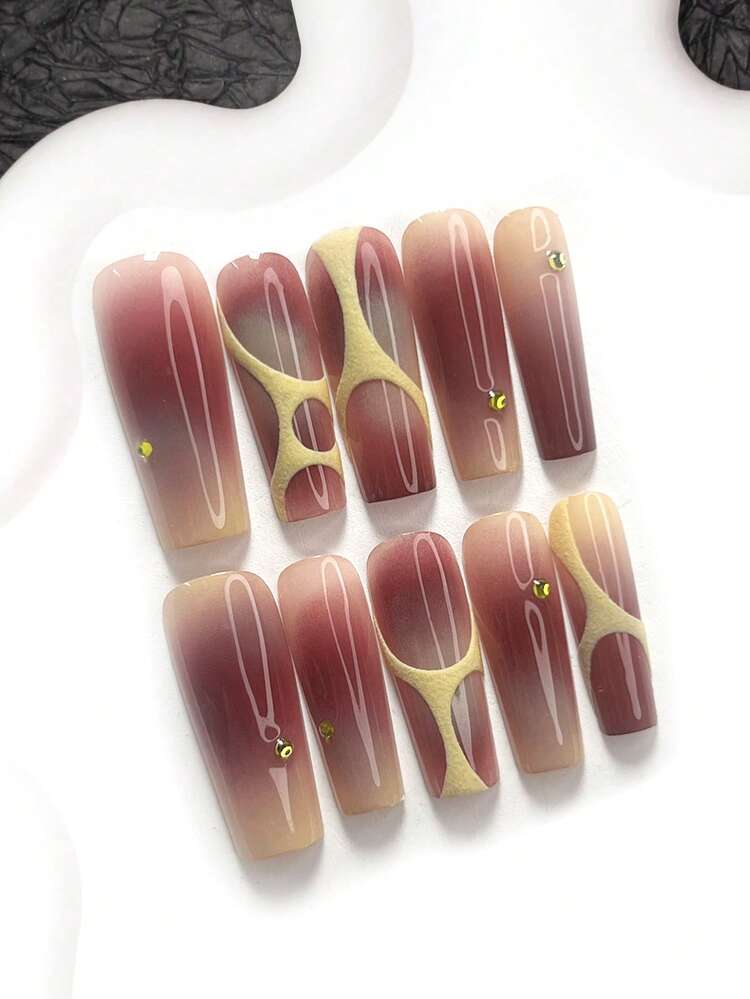 10Pcs Blurred Art Style Handmade Press On Nail,Polygel Nail Set,Glittering Rhinestones,Yellow And Red Nail Polish,Laid Back And Casual Style,Includes Nail Tools,3 Sizes Available,Almond Nails , Duck Nails,Coffin Nails For Party, Dance, Daily Wear. - Multicolor - View 16