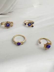 imoli 4pcs/Set Bohemian Beach Vacation Sun Moon Star Purple Faux Gemstone Sun Rhinestone Faux Amethyst Open Ring Set Stackable Rings, Perfect Gift For Travel, Friends And Besties - 32755-ring-purple-eP - View 6