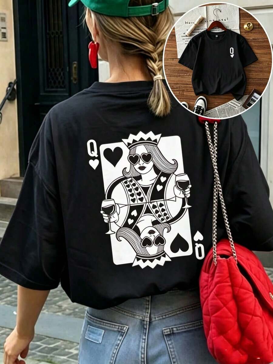 1 Piece Women's Short-Sleeved, Round-Neck T-Shirt, Loose Fit For Summer, With A "Queen Of Hearts" Themed Print In Wine Red, Suitable For The Office, Going Out, And Everyday Wear. - 黑色 - 查看 1